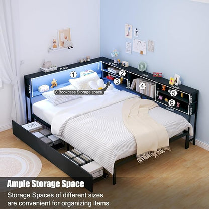 KEIKI Full Size Corner Bed Frames with Storage Drawers, Charging Station, Led Light & Bookcase Headboard, Wooden & Metal L-Shaped Captain Daybed for Small Room, Bedroom, Guest Room, kids'Room, Black