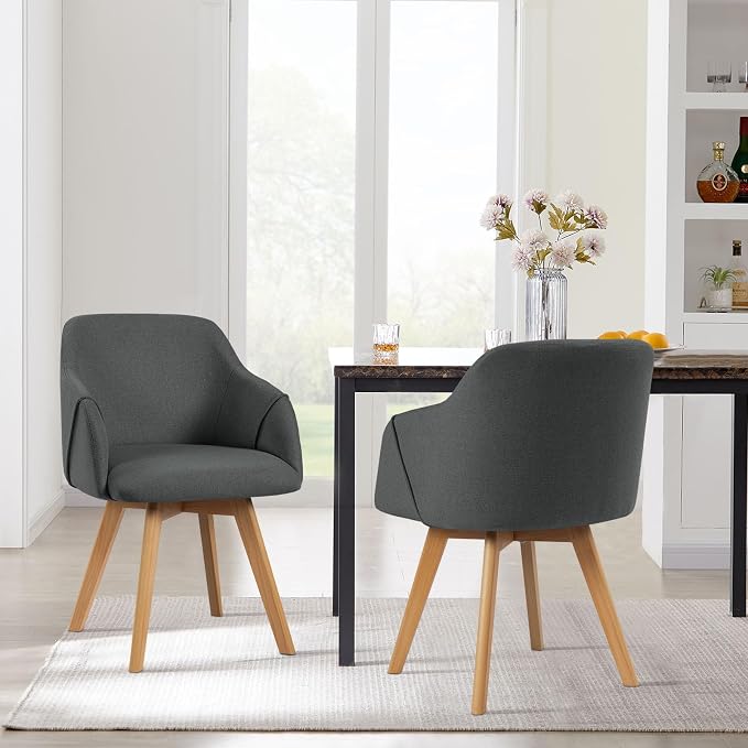 Swivel Dining Chairs Set of 2, Mid Century Modern Dining Chairs with Arms, Wood Legs, Linen Fabric Upholstered Kitchen Chairs for Dining Room Living Room, Comfortable Large Seat, Grey