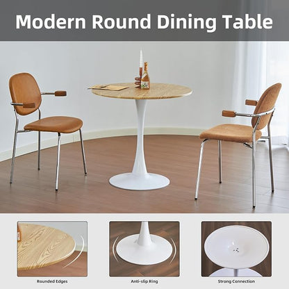 Round Dining Table, 24" Circle Tulip Table with Thickened Tabletop & Metal Pedestal, Mid Century Modern Bistro Table for Kitchen, Small Places, Living Room, Cafe (Faux Oak)
