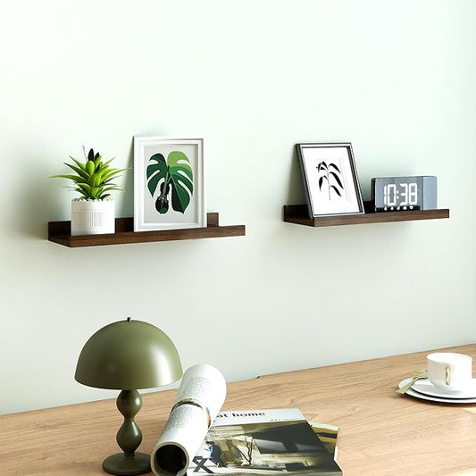 Floating Shelves for Wall Decor, Wall Mounted Wood Storage Shelf for Bedroom, Living Room, Bathroom, Kitchen, Nursery, Display Picture Ledge Shelf with Lip Set of 2-14 Inches, Walnut