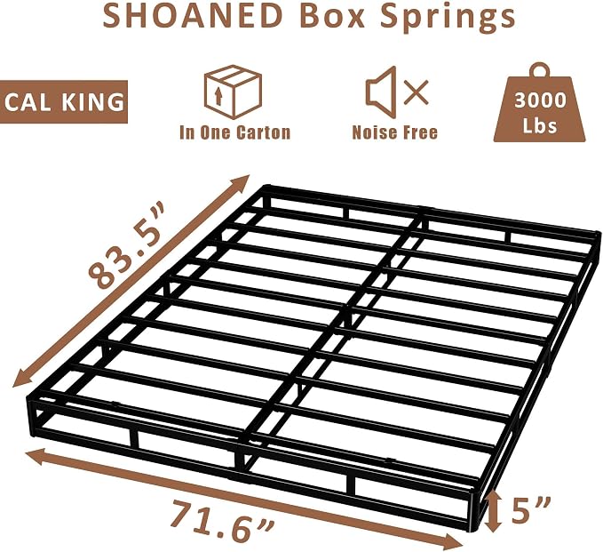 SHOANED Cal King Metal Box Springs - 5 Inch Low Profile Heavy Duty Black Basics Bed Base Non Slip Box Spring Mattress Foundation, Easy Assembly, No Noise