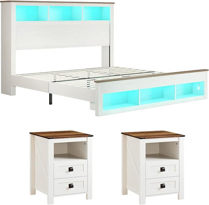 AMERLIFE 3-piece Farmhouse Bedroom Furniture Set, Includes 1 King LED Platform Bed Frame with Bookcase Storage Headboard, Footboard & Charging Station, and 2 Nightstands with Drawers, Distressed White