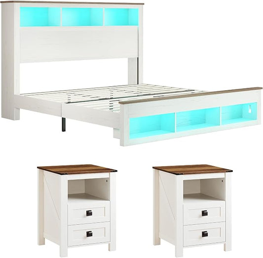 AMERLIFE 3-piece Farmhouse Bedroom Furniture Set, Includes 1 King LED Platform Bed Frame with Bookcase Storage Headboard, Footboard & Charging Station, and 2 Nightstands with Drawers, Distressed White