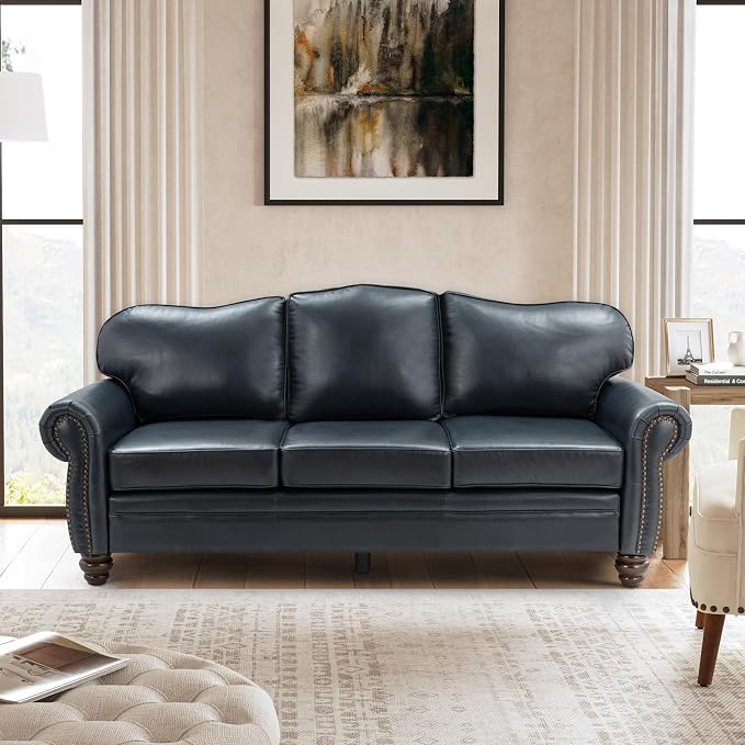 Classic 3-Seater Sofa with Premium Leather Upholstery, Stylish & Comfortable Sofa for Living Room or Office, Easy Assembly and Maintain & Long-Lasting, Navy
