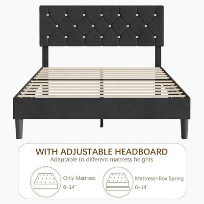 VECELO Full Size Bed Frame with Diamond Tufted Headboard, Upholstered Platform Bedframe with Wood Slat Support, No Box Spring Needed, Velvet & Black