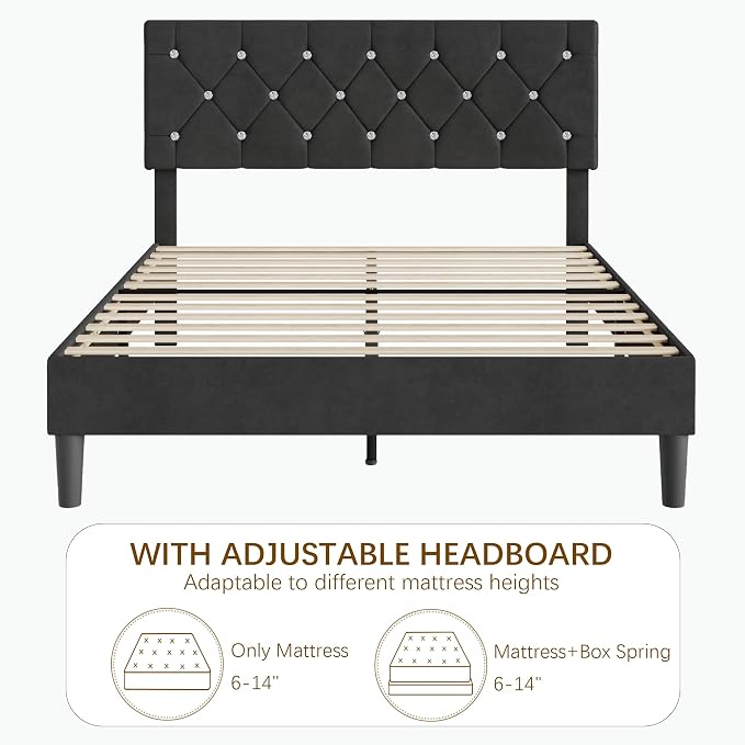 VECELO Queen Size Bed Frame, Upholstered Platform with Adjustable Diamond Tufted Headboard, Wood Slat Support, No Box Spring Needed, Velvet & Black