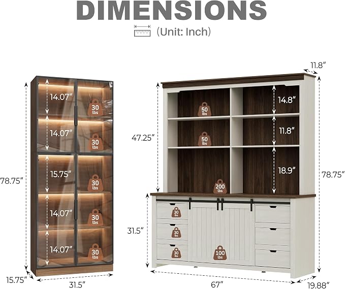 Bobve Farmhouse Pantry Cabinet Set of 3,Buffet Cabinet,Tall Kitchen Hutch with Partitions/6 Drawers/Glass Door,Suitable for Kitchens,Dining Rooms