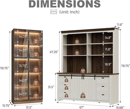 Bobve Farmhouse Pantry Cabinet Set of 3,Buffet Cabinet,Tall Kitchen Hutch with Partitions/6 Drawers/Glass Door,Suitable for Kitchens,Dining Rooms