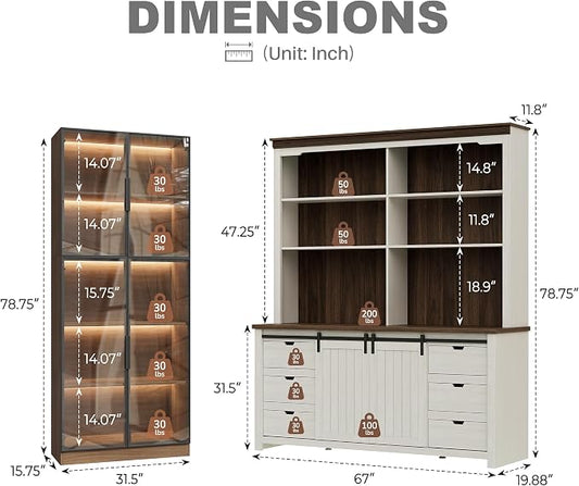 Bobve Farmhouse Pantry Cabinet Set of 3,Buffet Cabinet,Tall Kitchen Hutch with Partitions/6 Drawers/Glass Door,Suitable for Kitchens,Dining Rooms