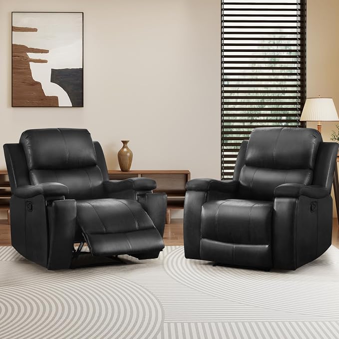 CANMOV Manual Recliner Chair Set of 2, Classic Faux Leather Recliner Chair with Overstuffed Arms and Back, Manual Single Sofa with Concealed Cup Holders, Black