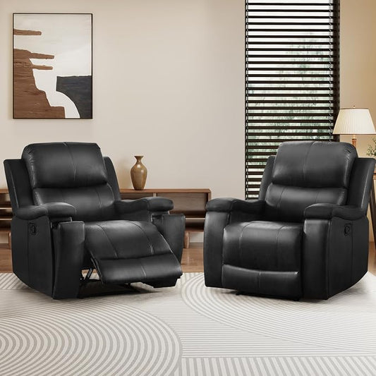 CANMOV Manual Recliner Chair Set of 2, Classic Faux Leather Recliner Chair with Overstuffed Arms and Back, Manual Single Sofa with Concealed Cup Holders, Black