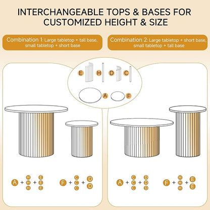 Round Nesting Coffee Tables for Living Room, Set of 2, Brown | φ27.6 + φ15.8 Boho Small Circle Side Tables, Fluted Drum Design Non-Slip Feet Minimalist Modern End Table Wood Grain Finish