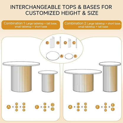 Round Nesting Coffee Tables for Living Room, Set of 2, Beige | φ27.6 + φ15.8 Boho Small Circle Side Tables, Fluted Drum Design Easy Assembly Minimalist Modern End Table Non-Slip Feet