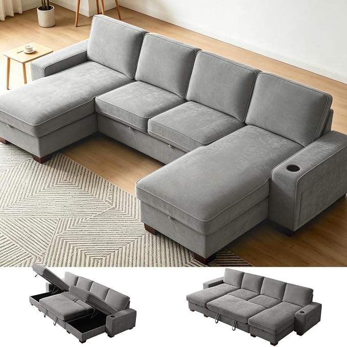 129" Convertible Sleeper Sofa Bed,L Shaped with Storage Chaise Pull Out Couch for Living Room,USB and Type-C,Removable Washable Chenille Covers （Gray）