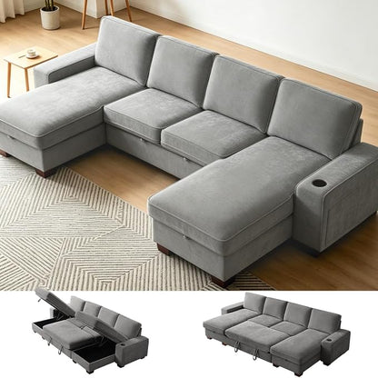 129" Convertible Sleeper Sofa Bed,L Shaped with Storage Chaise Pull Out Couch for Living Room,USB and Type-C,Removable Washable Chenille Covers （Gray）