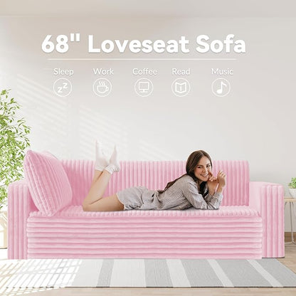 HABUTWAY 68" Loveseat Boneless Couch, 4-in-1 Convertible Sofa Bed, Plush Fur Folding Futon Sofa Bed Couches with 2 Pillows for Living Room, High-Density Foam Support, No Assembly Required, Pink