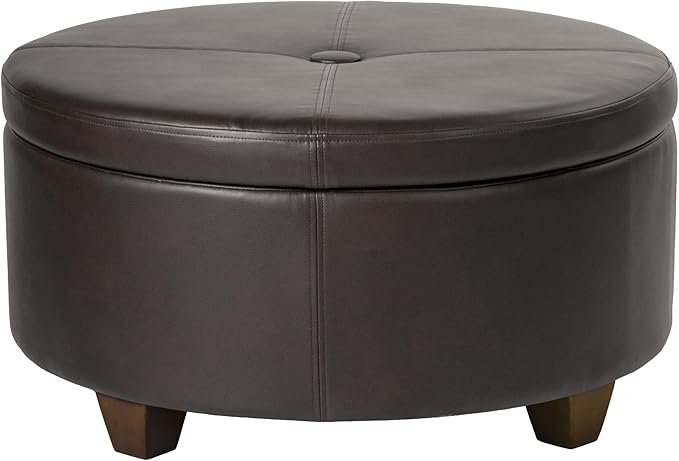 HomePop 32" Large Tufted Round Storage Ottoman - Vintage Brown Faux Leather