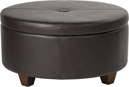 HomePop 32" Large Tufted Round Storage Ottoman - Vintage Brown Faux Leather