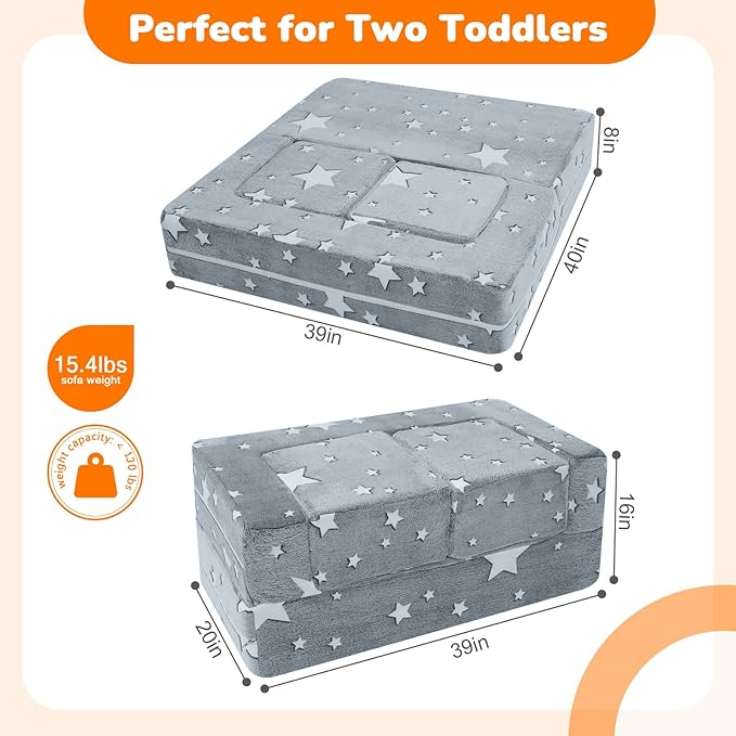 MeMoreCool Modular Kids Play Couch Sofa – Glow-in-the-Dark Star Design, Fold-Out Toddler Couch for Playroom Furniture, Grey