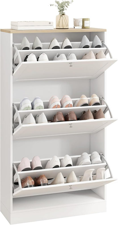 HOMCOM Shoe Storage Cabinet with 3 Flip Drawers, Wooden Freestanding Shoe Organizer with Adjustable Shelves for Entryway, Hallway, White