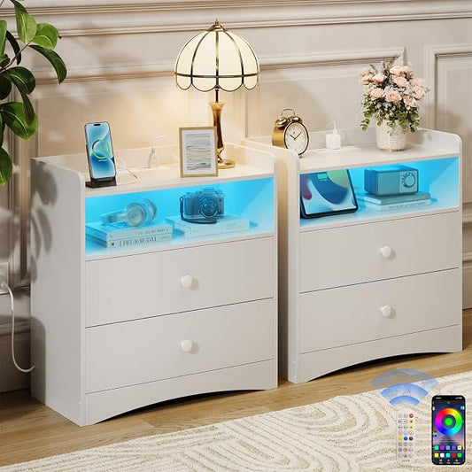 Memobarco 2 Pack Nightstand with Charging Station and LED Light, Modern Nightstand with USB Ports and Outlets, Wood Bedside Table with 2 Storage Drawers, Small Dresser for Bedroom Small Space, White
