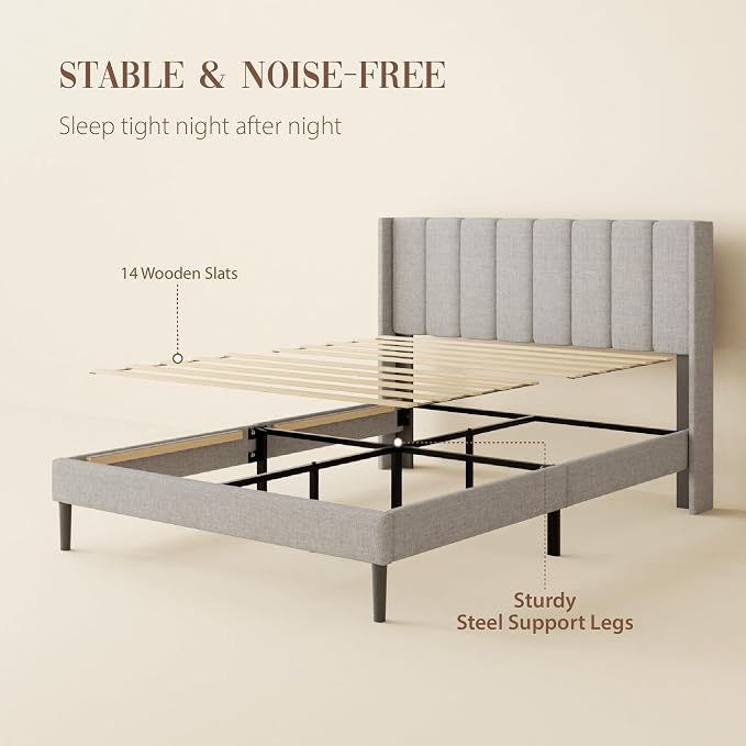 Sismplly Queen Size Bed Frame and Headboard,Vertical Channel Tufted Wingback No Box Spring Needed, Mattress Foundation, Easy Assembly Light Grey, Linen