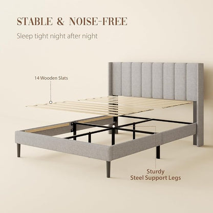 Sismplly Queen Size Bed Frame and Headboard,Vertical Channel Tufted Wingback No Box Spring Needed, Mattress Foundation, Easy Assembly Light Grey, Linen