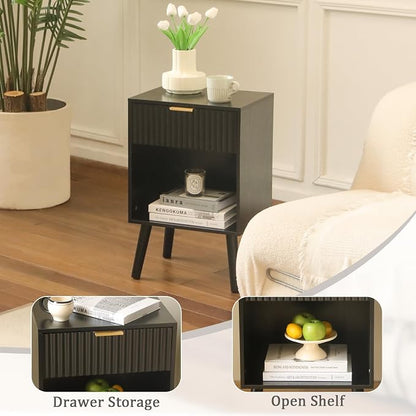 Fultyle Fluted Black Nightstand with Charging Station, Mid Century Modern Bedside Table with Drawers and Outlet, Side Tables Living Room, Wooden Night Stand for Bedroom, Office (Black)