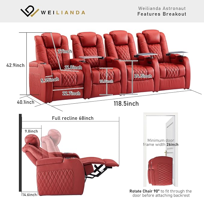 Weilianda Home Theater Seating Top Grain Leather Zero Gravity Recliner Chair Power Headrest Recline Movie Seat Gaming 7 Colors Mood Light Sofa with Tray Table USB Charge Row of 4 Red
