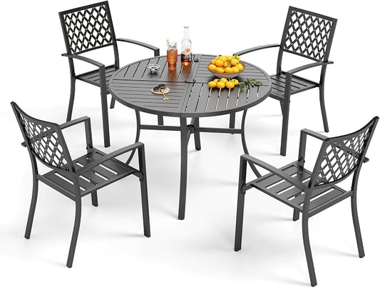 PHI VILLA 5 Pieces Outdoor Round Dining Set for 4, Metal Steel Circle Table with Umbrella Hole & Stacking Wrought Iron Chairs, Modern Furniture Set for Patio, Deck, Backyard, Porch