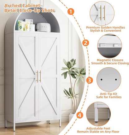 72.8" White Metal Arched Pantry Cabinet for Kitchen Storage, Tall 2-Door Cupboard with 6 Adjustable Shelves, Magnetic Closure & Anti-Tip Kit, 15.4" D x 30.7" W, Assembly Required