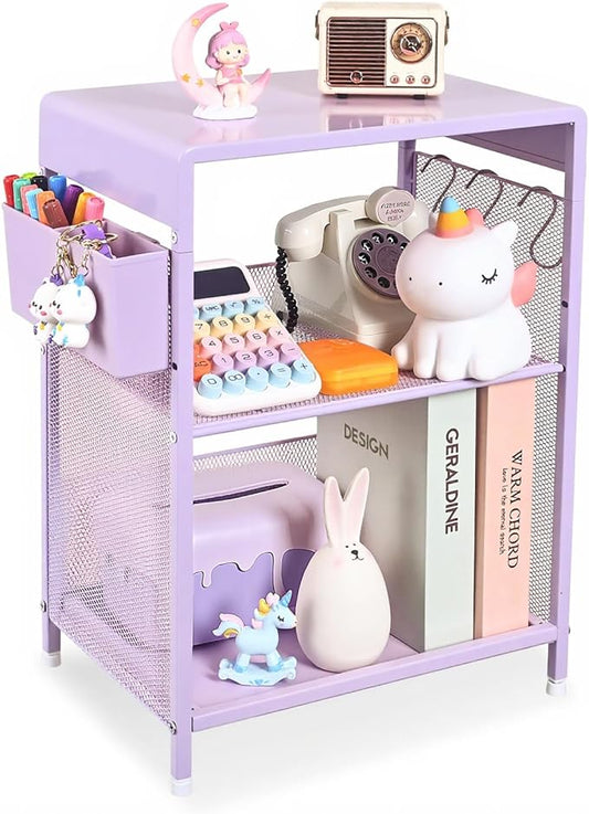 Purple Nightstand, End Table with Hooks and Holder, Kids Nightstand for Bedroom, Toddler Bedside Table, Small Desk for Girls, Coffee Table for Living Room, Dorm, Office (Purple)
