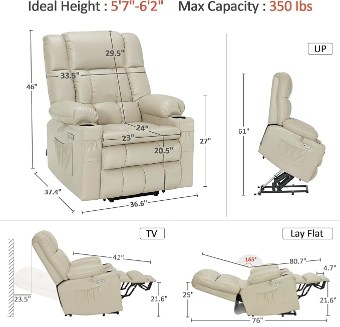 MCombo Large Dual Motor Power Lift Recliner Chair for Elderly, Zero Gravity Lift Chair with Heat and Massage, Infinite Position Lay Flat Recliner, USB Ports, Faux Leather 7896 (Cream White, Large)