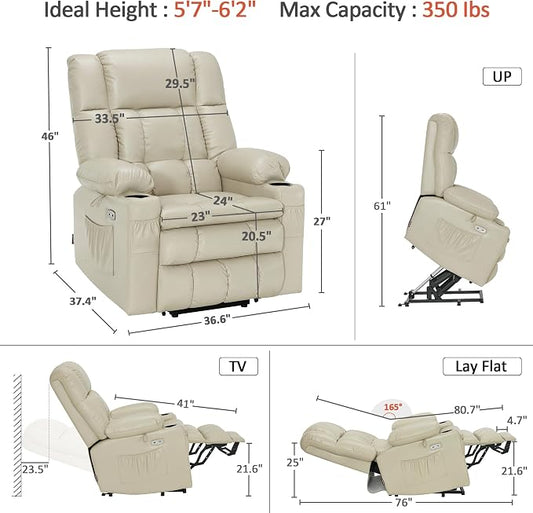 MCombo Large Dual Motor Power Lift Recliner Chair for Elderly, Zero Gravity Lift Chair with Heat and Massage, Infinite Position Lay Flat Recliner, USB Ports, Faux Leather 7896 (Cream White, Large)