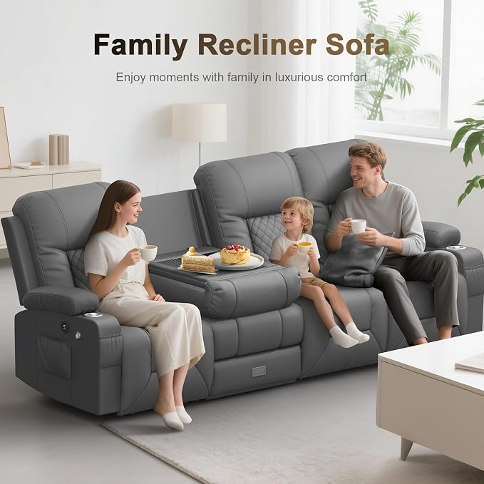 YONISEE 4 Seat Recliner Sofa with Flip Backrest Design, Loveseat Reclining Sofa with Storage Drawer, USB Ports, 2 Cell Phone Holder, Loveseat Recliner Couch for Living Room (Dark Gray)