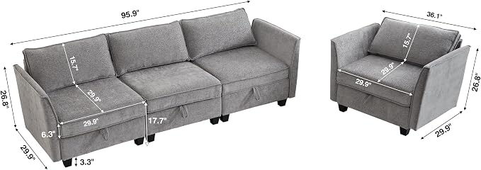 ORRD 2 Piece Modular Sectional Sofa Set, Convertible Couch with Storage, Sofa Modular for Living Room, Office (Grey)