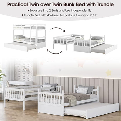 KOMFOTT Wood Twin Over Twin Bunk Bed with Trundle, Solid Pine Wood Bunk Bed Frame with Ladder & Safety Guardrails, Space-Saving Convertible Twin Bed Frame for Home & Dormitory, No Box Spring Needed
