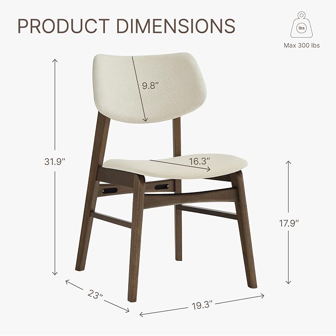 KISLOT Wooden Dining Chairs Set of 2, Upholstered Modern Dining Room Chairs, Solid Oak Wood Kitchen Chairs with Soft Cushion Backrest for Farmhouse, Restaurant, Café (Cream Fabric & Walnut Color)