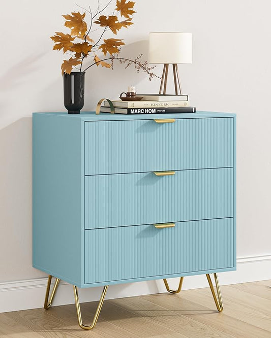 Blue Dresser for Bedroom, Modern Fluted 3 Drawer Dresser with Storage, Dresser Chest of Drawers with Gold Handles for Bedroom, Living Room, Closet, Hallway, 15.8" D x 23.6" W x 27.6" H