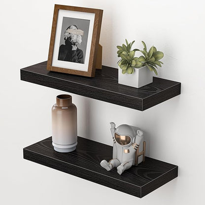 Heimlove Floating Shelves for Wall,16 inchs Shelf for Small Bathroom,Mounted Storage & Display Wood Shelves for Bedroom,Living Room,Kitchen,Office,Set of 2,Black