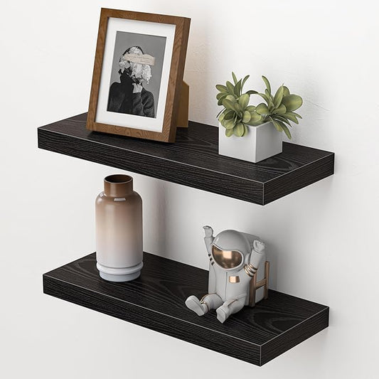 Heimlove Floating Shelves for Wall,16 inchs Shelf for Small Bathroom,Mounted Storage & Display Wood Shelves for Bedroom,Living Room,Kitchen,Office,Set of 2,Black