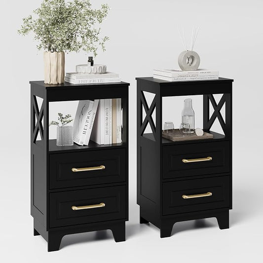 Tall Nightstand Set of 2 Side Table with 2 Drawers Modern Night Stand Wooden End Table Bedside Table with Upper Open Shelf Solid Feet for Bedroom Black
