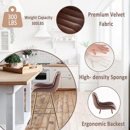 Sidanli Brown Velvet Bar Stools-Set of 2, 24 Inch Bar Stools for Kitchen Counter