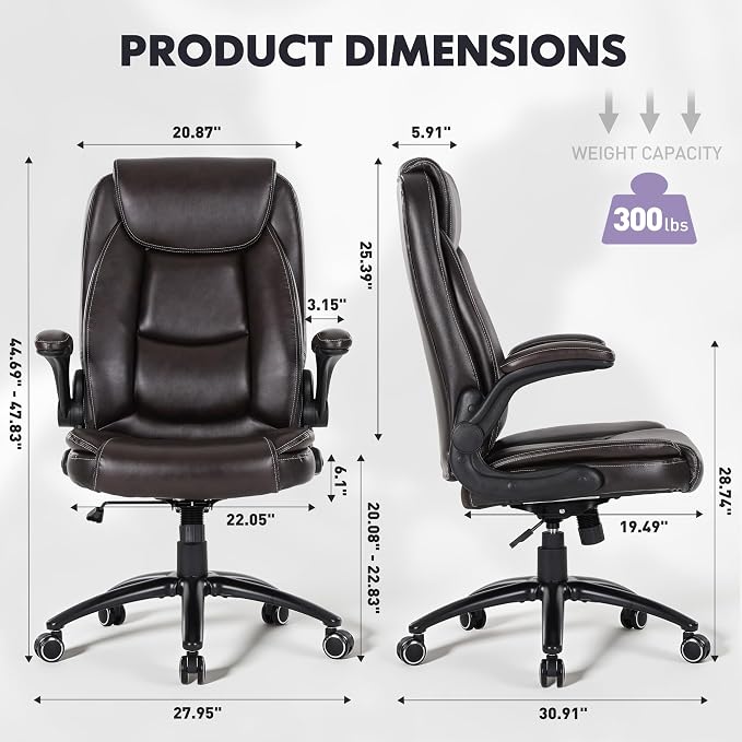 MALOL 300LBS PU Leather High-Back Executive Office Chairs, Heavy Duty Home Ergonomic Computer Chair Flip-Up Armrests & Reclining Backrest, Brown