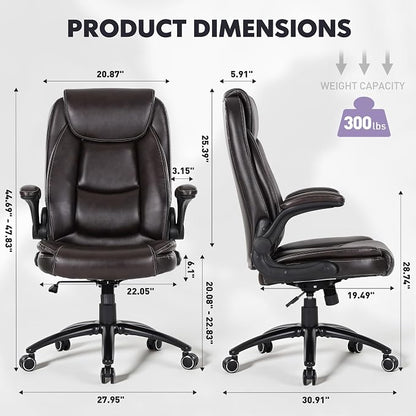 MALOL 300LBS PU Leather High-Back Executive Office Chairs, Heavy Duty Home Ergonomic Computer Chair Flip-Up Armrests & Reclining Backrest, Brown