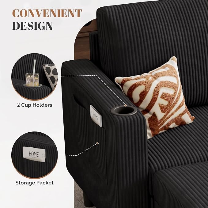 Luxanimarion Upholstered Sectional Sofa and Couches, 78'' L Shaped 3-seat Sofa forLiving Room, Apartment,Lounge,Bedroom-Washable Covers Convertible Sofas(Corduroy Fabric,Black)