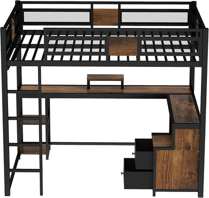 Bellemave Queen Loft Bed with Desk & Storage Fabric Drawers & Shelves, Heavy Duty Metal Frame Loft Bed for Adults & Teens, Space Saving Bed for Apartments & Dorm, No Box Spring Needed, Black