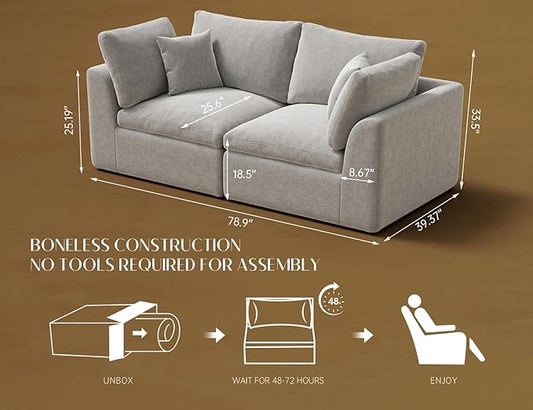ohllob 78.9" Loveseat Sofa, Cloud Boneless Couches for Living Room, Modern Modular Sectional Sofa, Oversized, Light Grey