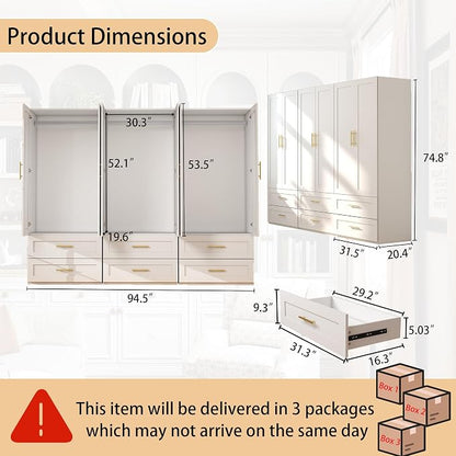 White Wardrobe with 2 Doors: 75" Tall Armoire Wardrobe Closet with 2 Drawers, Bedroom Closet Cabinet for Hanging Clothes, Wooden Storage Armoire with Shelves (Contemporary, 3)