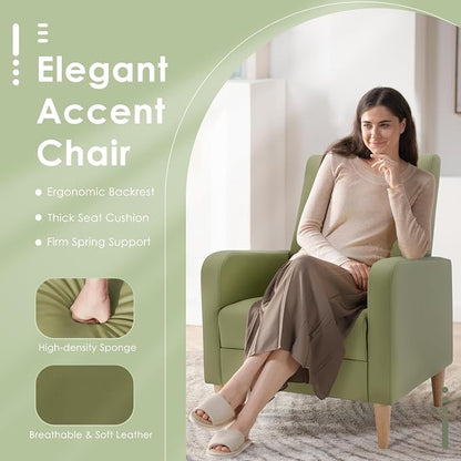 COLAMY Mid-Century Modern Accent Chairs Set of 2, Faux Leather Upholstered Living Room Chairs with Back Pillow & Solid Wood Legs, Comfy Armchair for Living Room, Bedroom, Single Sofa, Light Green